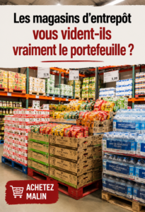 Femme faisant des courses en entrepôt, envisageant ses achats et son budget familial.