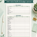 Femme souriante tenant une feuille de budget familial à l'écriture