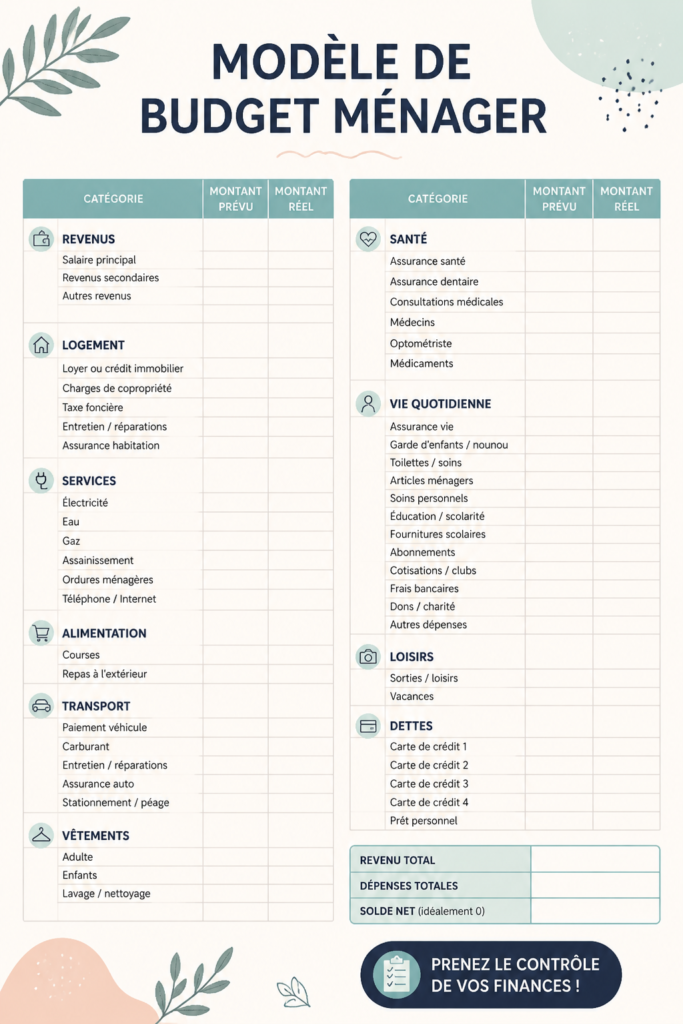 Modèle de budget familial simple et pratique, idéal pour la gestion des finances.