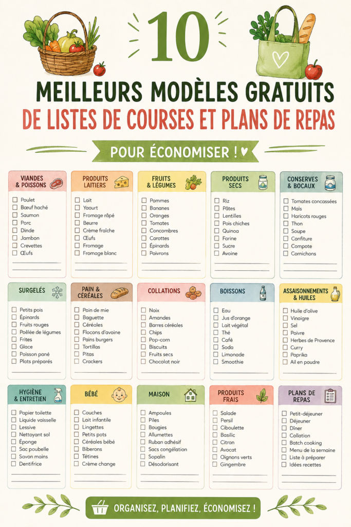 Modèles de listes de courses et de plans de repas pour une gestion efficace du budget familial.