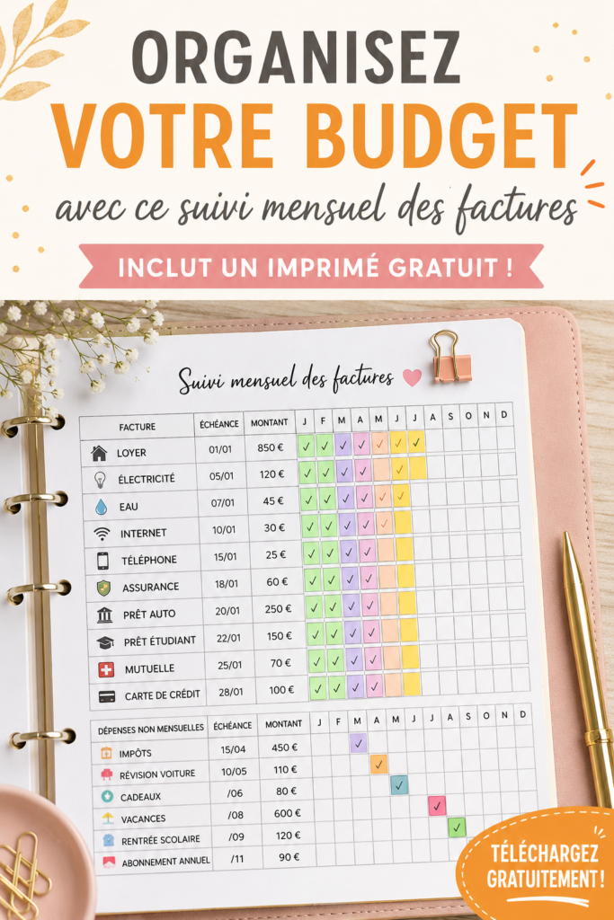 Planificateur de budget familial sur une table avec des factures.