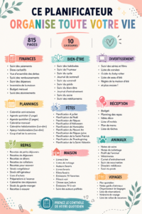 Une femme souriante consultent son planner tout en prenant un café, symbolisant l'organisation et la sérénité.