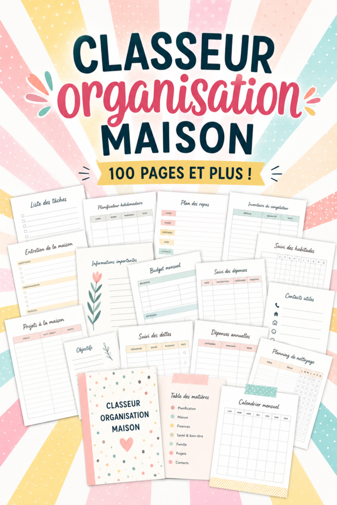 Organiseur de gestion familiale à imprimer sur un bureau avec des stylos et papiers.