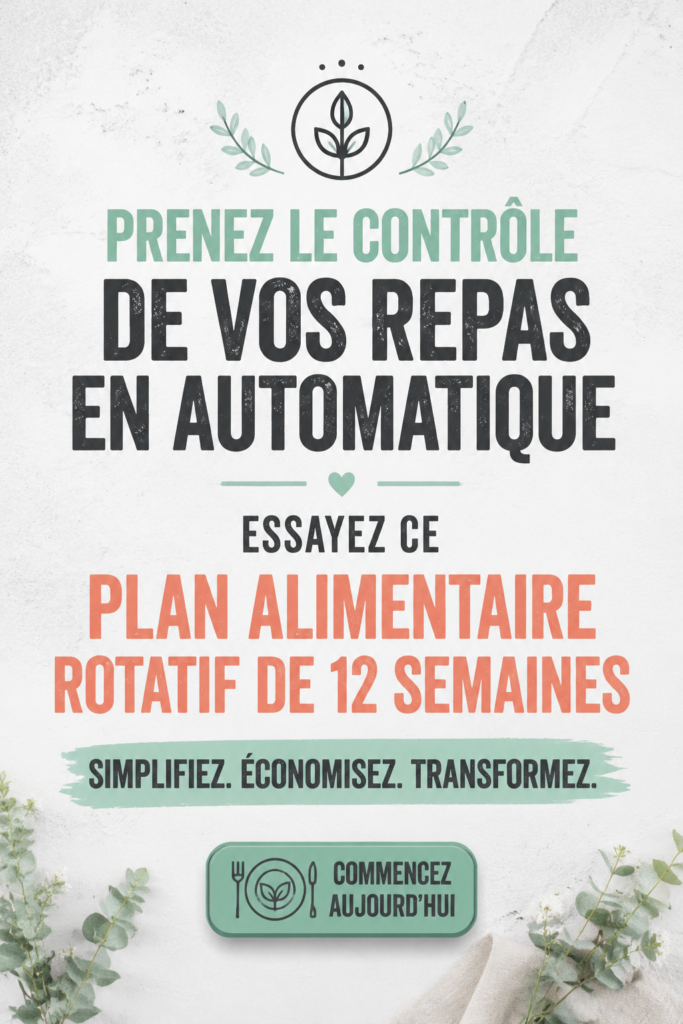 Un plan de repas hebdomadaire affiché sur un tableau, avec des ingrédients frais en arrière-plan.