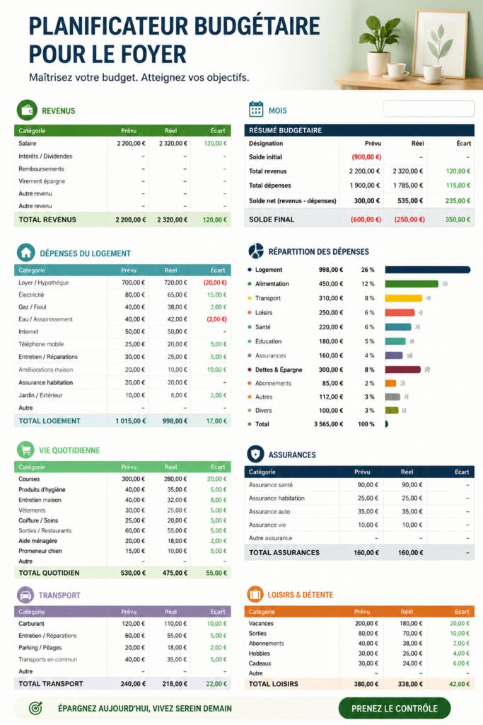Modèle de planificateur de budget familial sur Excel avec des graphiques et des tableaux.