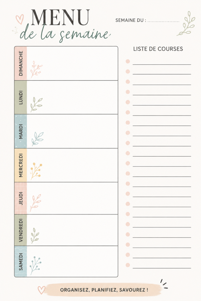 Planificateur de menu hebdomadaire imprimable avec des couleurs joyeuses