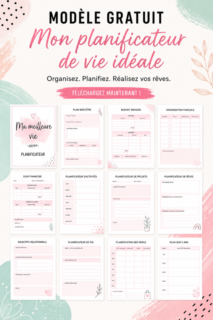 Planificateur de vie imprimable sur fond pastel, conçu pour aider à la gestion du budget familial.