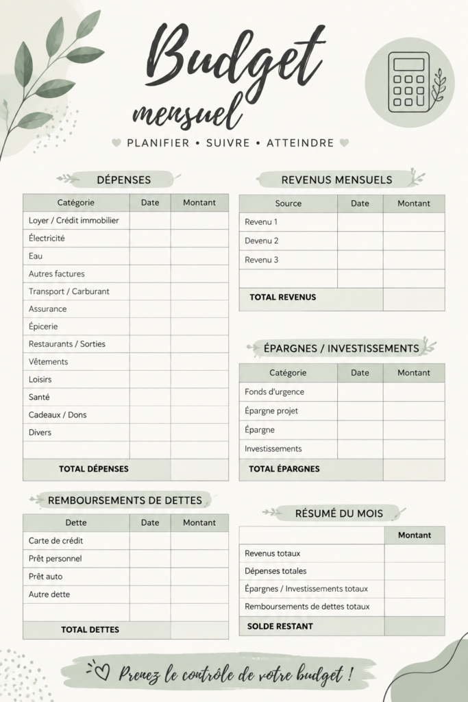 Image de planners et trackers budgétaires imprimables pour la gestion des finances familiales.