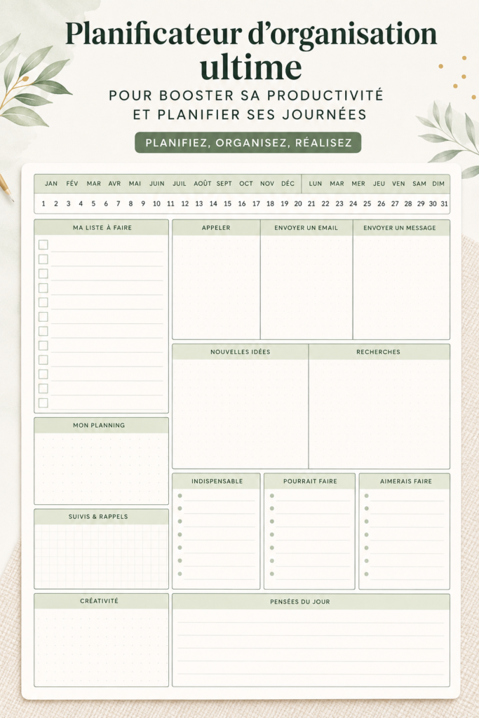 Un planner ouvert sur une table avec des stylos, symbolisant l'organisation quotidienne.