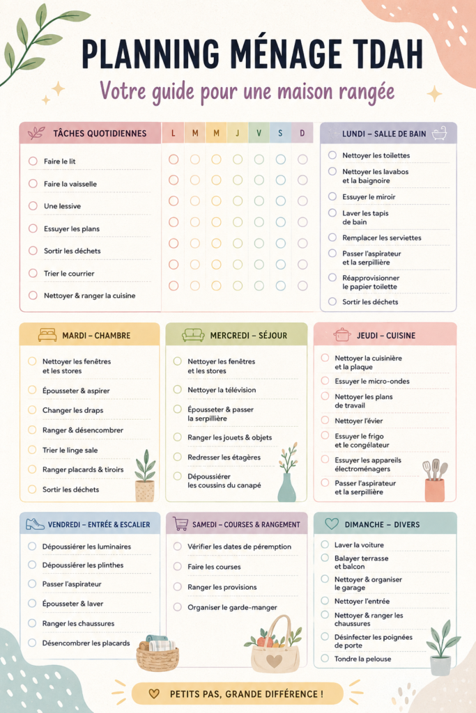 Planning de ménage sur un bureau avec des outils organisationnels, illustrant la gestion du TDAH.