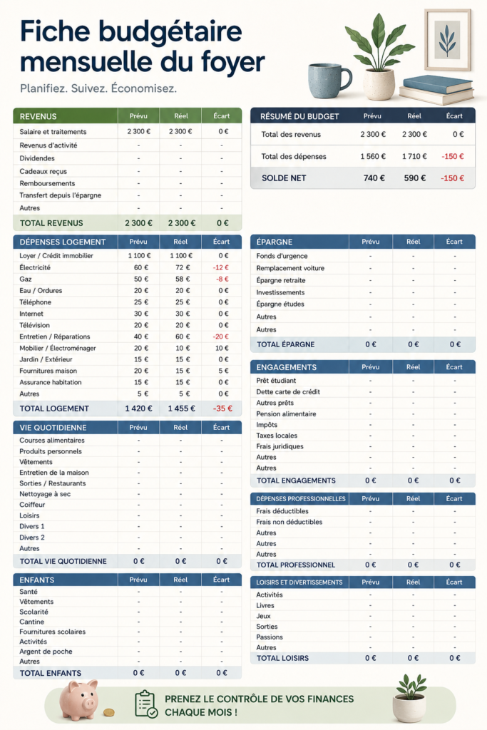 Un écran d'ordinateur affichant un tableau Excel de budget familial.