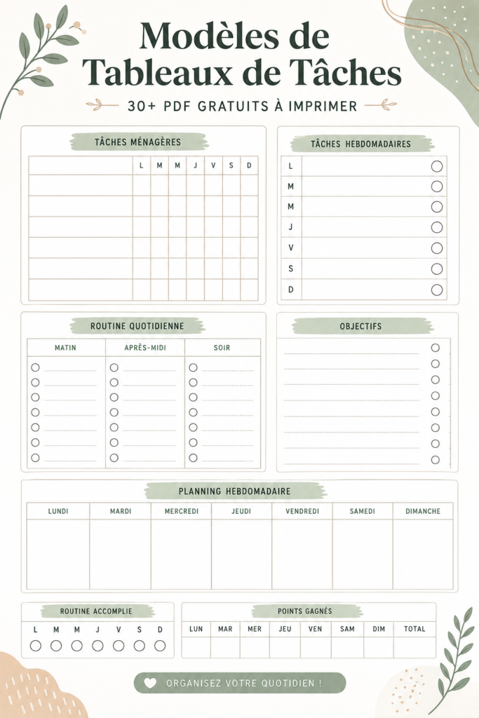 Modèle de tableau de tâches familial imprimable, avec des espaces pour chaque membre de la famille et leurs tâches.