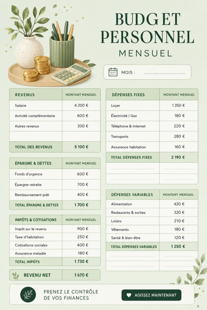 Template de budget mensuel illustrant une gestion financière simplifiée