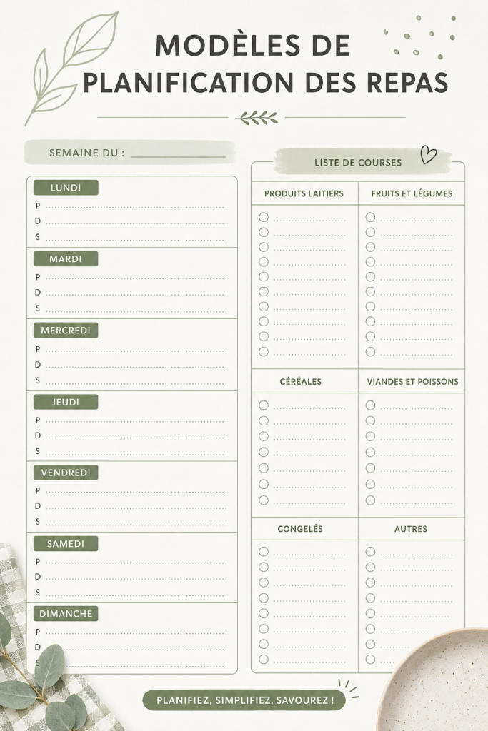 Template de planification de repas avec des recettes et un calendrier