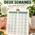 Une femme souriante planifiant un challenge d'économies pour sa famille.