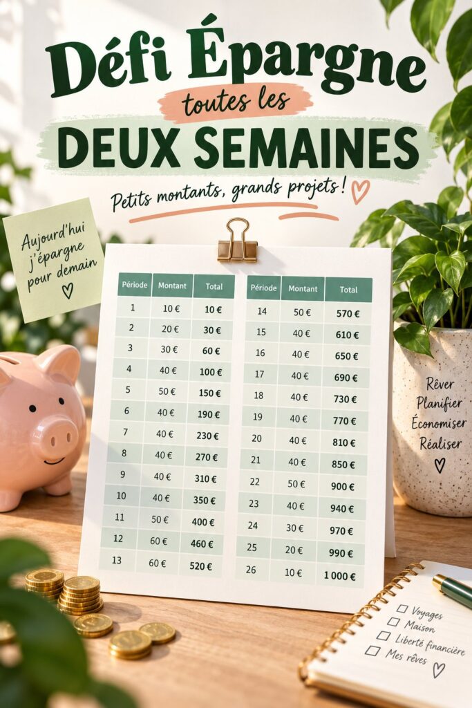 Une femme souriante planifiant un challenge d'économies pour sa famille.
