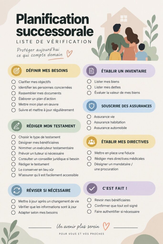 Femme confiante créant une checklist pour sa planification successorale, représentant la gestion efficace de son patrimoine.