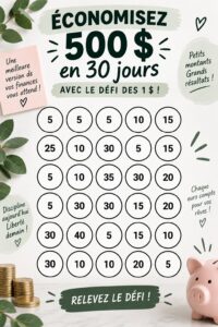 Illustration d'un défi d'épargne avec des billets de 1 $ symbolisant la méthode pour économiser 500 $