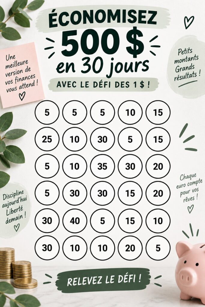 Illustration d'un défi d'épargne avec des billets de 1 $ symbolisant la méthode pour économiser 500 $