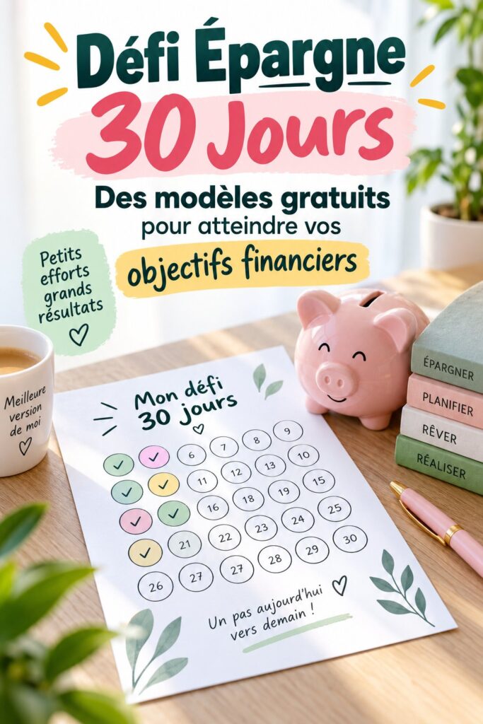Femme souriante regardant un tableau de budget pour un défi d'épargne de 30 jours.
