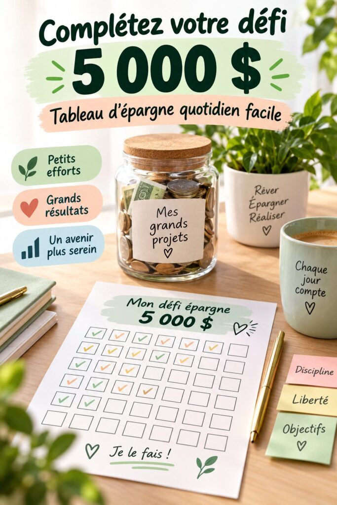 Image inspirante d'un défi épargne avec des billets de 5000 € affichés sur une table.
