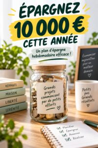 Une femme souriante avec un carnet de notes, planifiant son épargne hebdomadaire.
