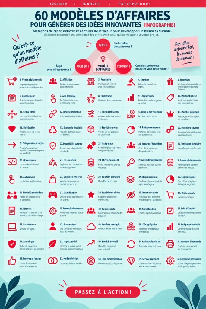 Infographie illustrant 60 modèles économiques pour les femmes entrepreneuses.