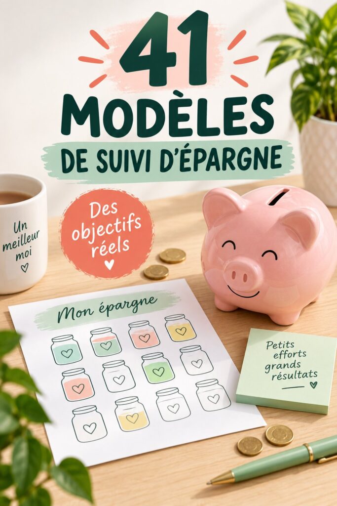Modèle de suivi d'épargne sur un bureau avec des stylos et du papier.