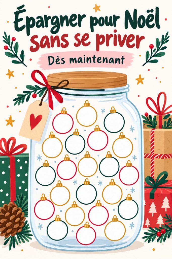Plan d'épargne pour Noël 2026 avec des décorations festives en arrière-plan