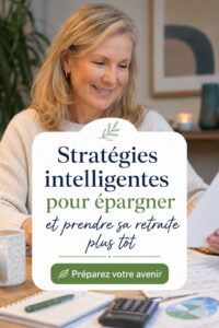Femme souriante planifiant sa retraite anticipée avec un ordinateur et des documents financiers.