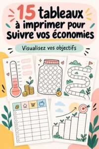 Visuel coloré représentant des outils de suivi d'économies avec graphiques et objectifs financiers.