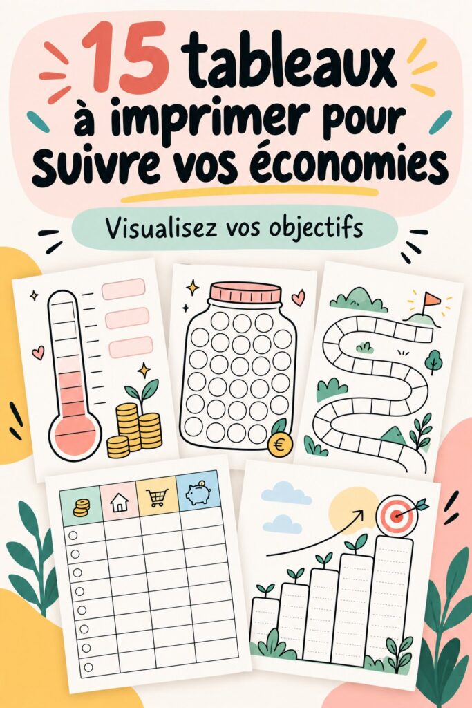 Visuel coloré représentant des outils de suivi d'économies avec graphiques et objectifs financiers.