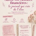 Une femme souriante écrivant dans son journal de finances, illustrant la gestion du budget familial.