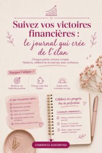 Une femme souriante écrivant dans son journal de finances, illustrant la gestion du budget familial.