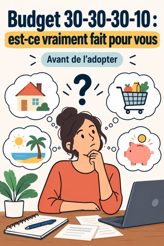 Illustration d'un budget 30-30-30-10 avec des graphiques colorés