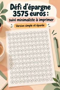Illustration du défi d'épargne de 3575 euros avec suivi minimaliste à imprimer.