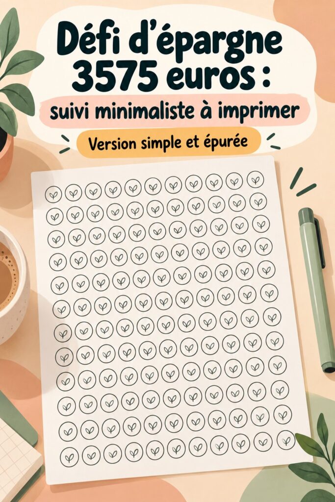 Illustration du défi d'épargne de 3575 euros avec suivi minimaliste à imprimer.