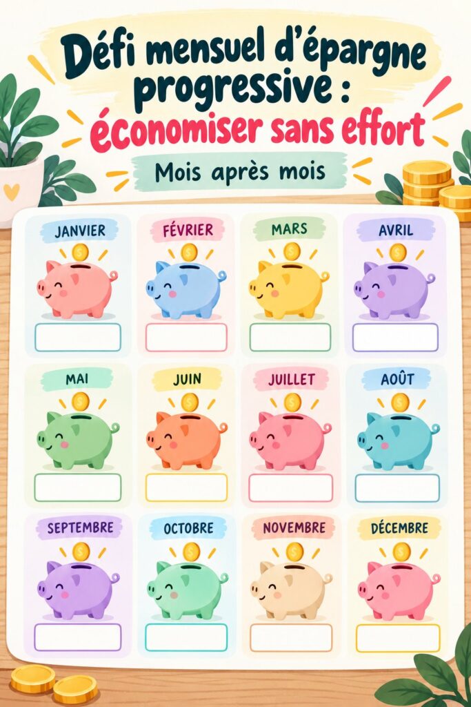 Visuel illustrant le défi mensuel d'épargne progressive, symbolisant l'épargne familiale