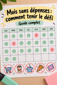 Femme appliquant des astuces pour un mois sans dépenses, souriante devant un tableau de budget.