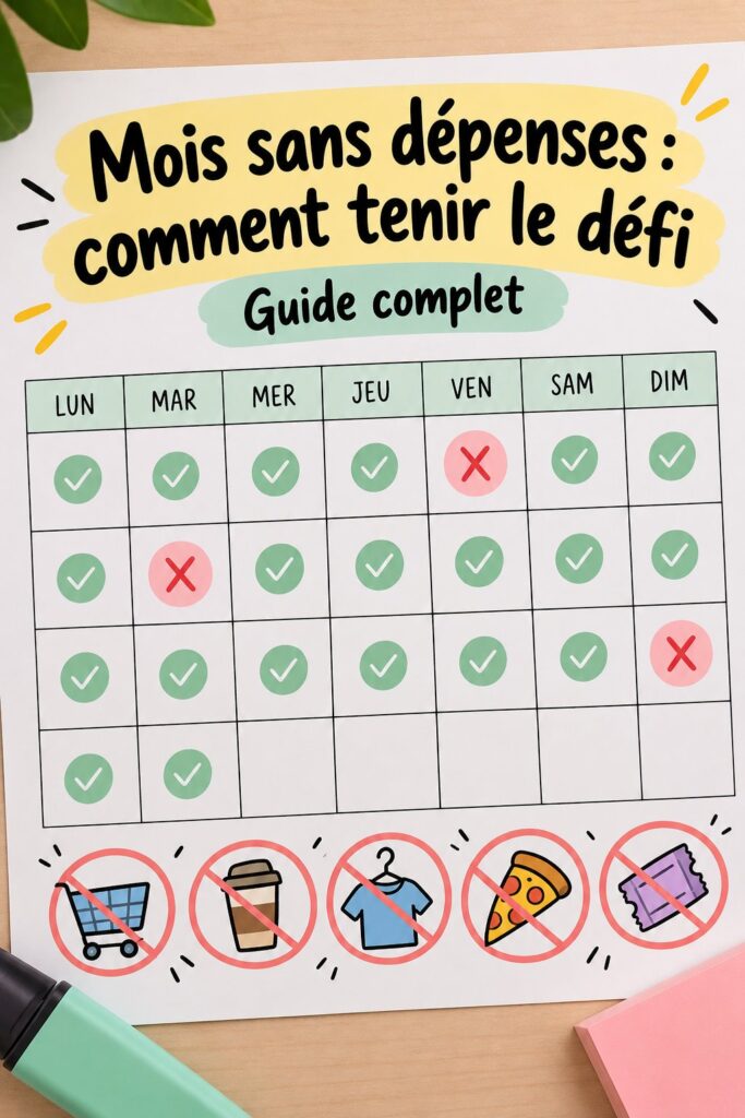 Femme appliquant des astuces pour un mois sans dépenses, souriante devant un tableau de budget.