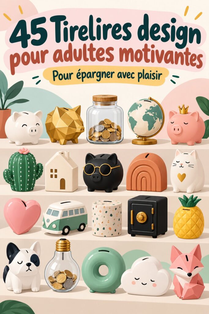 Tirelires amusantes pour adultes sur une table colorée, représentant différentes designs modernes.