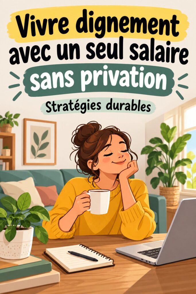 Femme heureuse et sereine regardant un carnet de budget, représentant la gestion d'un seul revenu